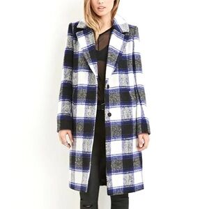 Forever 21 Longline Textured Blue Plaid Coat Relaxed Fit Size M